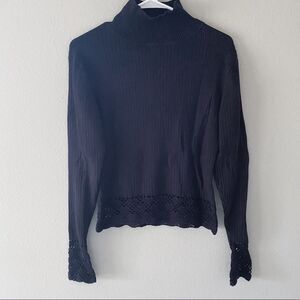 Kieran Black Ribbed Knit Turtleneck Long Sleeve Sweater Crochet Trim